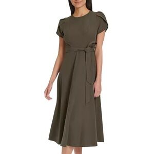 NWT‎ Calvin Klein Women Olive Green Short Sleeve Belted Midi Dress Size 2 $1398
